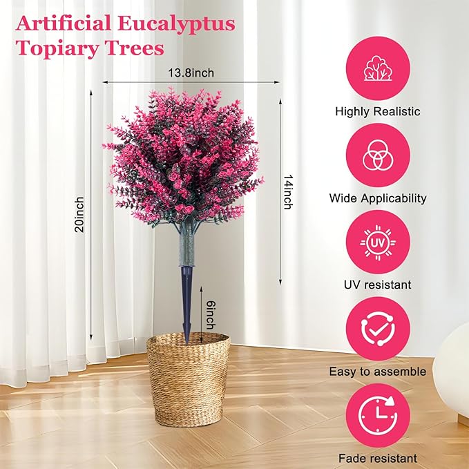 Artificial Pink Eucalyptus Topiary Ball, Set of 2-20" Artificial Shrub Bushes with Ground Spike, Artificial Plants for Outdoor Planters Indoor UV Resis