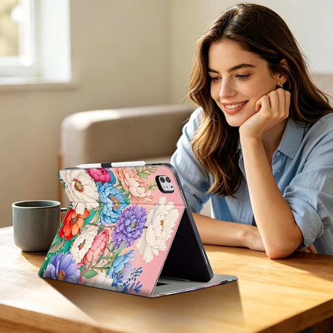Case for iPad Air 13-inch M4/M3/M2 iPad Pro 12.9 6th/5th/4th/3rd Generation Case with Pencil Holder Multi-Angle Adjustable Stand Shockproof Pocket/Hand Strap/Auto Wake Sleep Sunflowers Butterfly