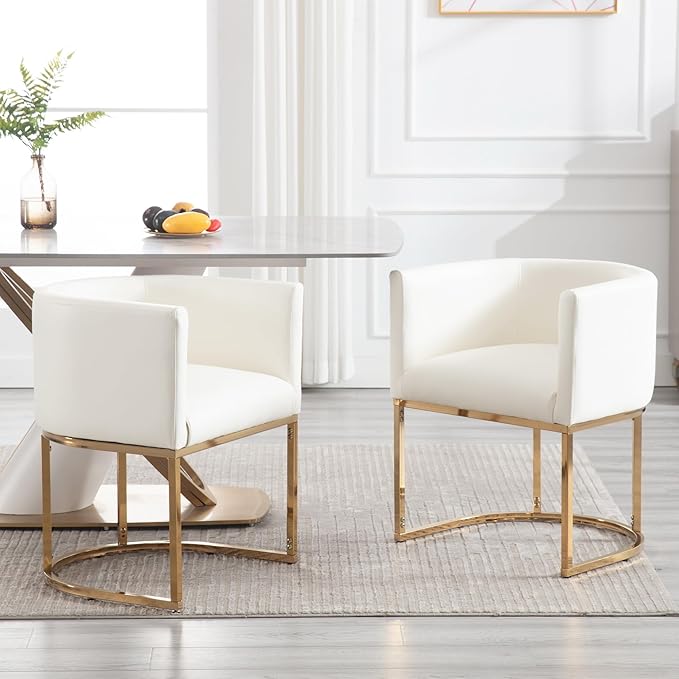 Faux Leather Dining Chairs Set of 4 Modern Barrel Arm Chairs with Golden Metal Frame, Upholstered 18.5" Wide Accent Chairs for Living Room, Dining Room, Restaurant, White