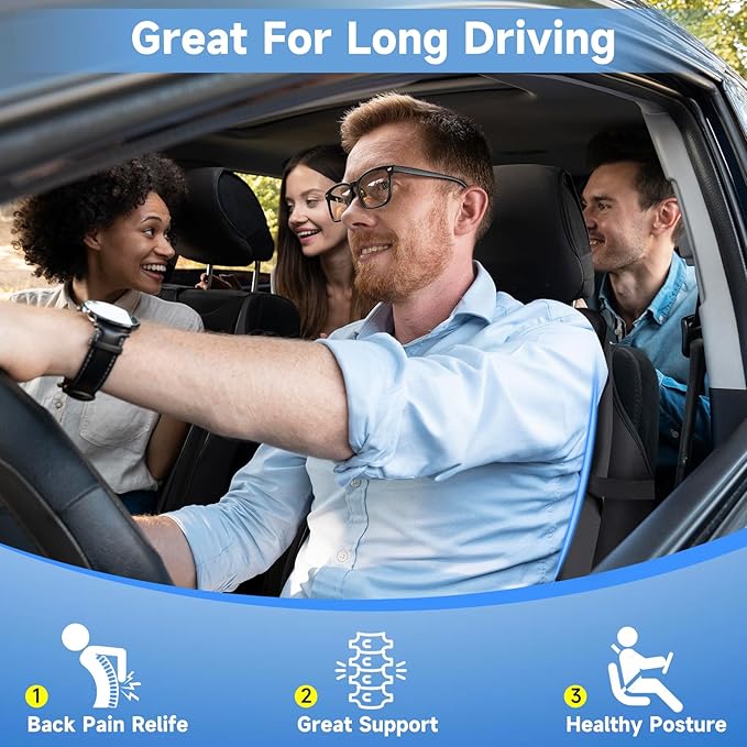 Lumbar Support Pillow for Car Truck Accessories Memory Foam Back Cushion for Driving Seat Lower Back Support, Lumbar Comfort for Long Drivvers Back Pain Relief, with Three Adjustable Straps Black