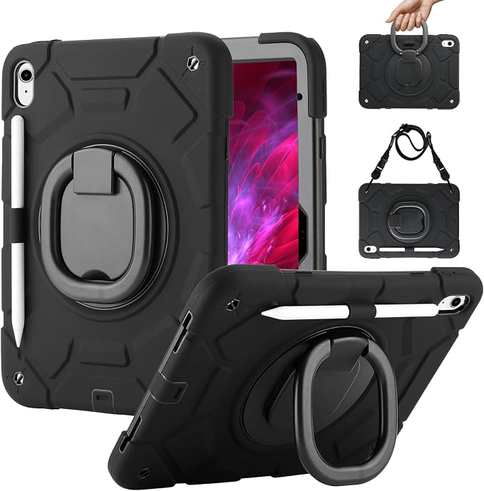 for iPad (A16) 11th Generation case 11''(2025)/10th Generation case 10.9''(2022)360°Rotatable Stand with [Pencil Holder&ampShoulder Strap] Heavy Duty Shockproof Protective Silicone Case (Black)