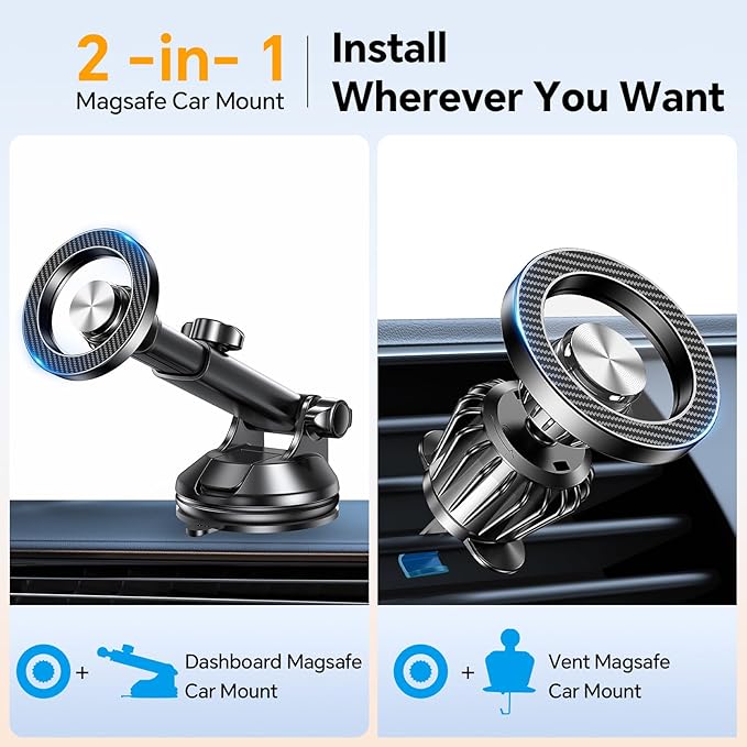 Coolpow for MagSafe Car Mount【Windshield+Vent+Dash】Magnetic Phone Holder for Car Phone Holder Mount Cell Phone Holders for Your Car Accessories Suction Cup Mount for Garmin GPS Fit iPhone 16 15 14 13