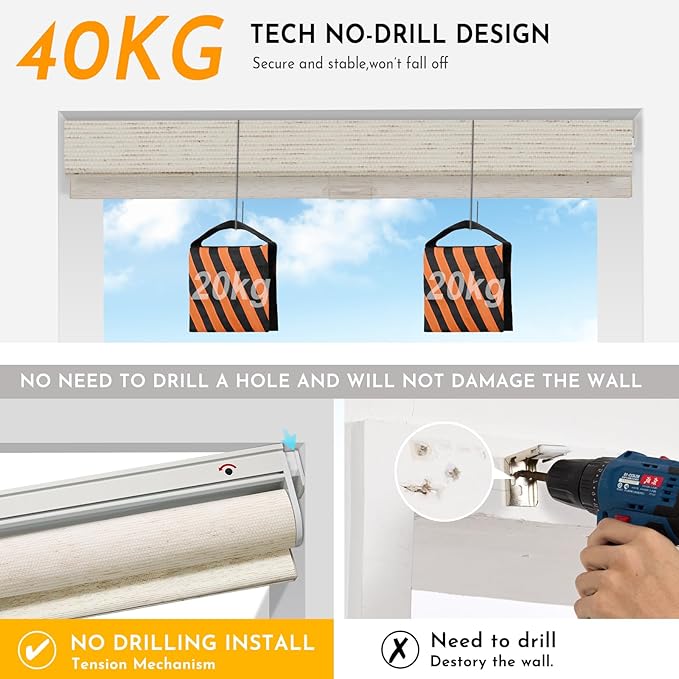 Persilux Smart Motorized Blinds with Remote, No Drill Automatic Roller Shades for Indoor Windows, Light Filtering Linen Fabric, Electric Blinds for Windows, Weave Mat C162-2, Custom Size