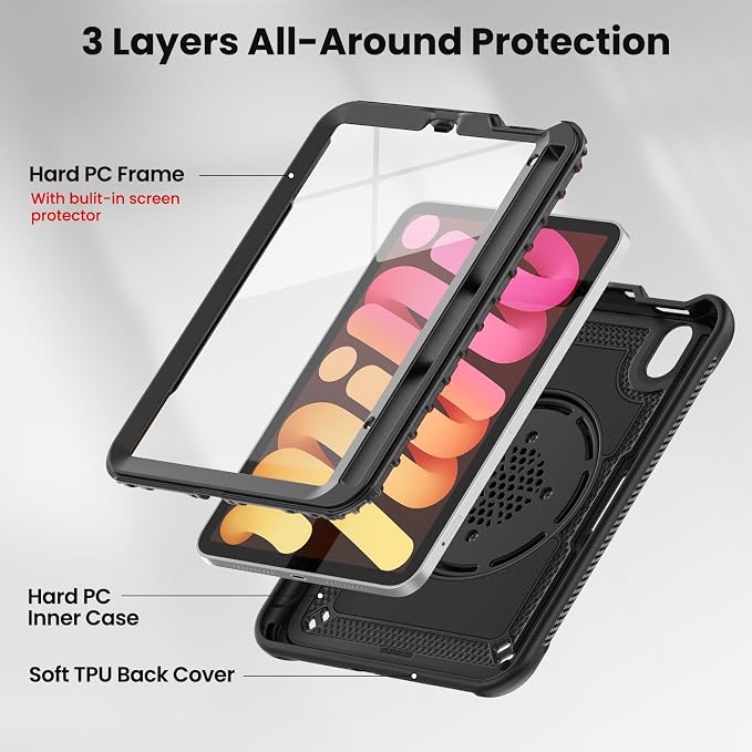 Case for iPad mini 7 (A17 Pro) 2024/ Mini 6 8.3'' with Pencil Holder Screen Protector [360 Rotating Hand Strap] &ampStand &ampShoulder Strap Shockproof Case for iPad mini 7th/6th Generation Purple