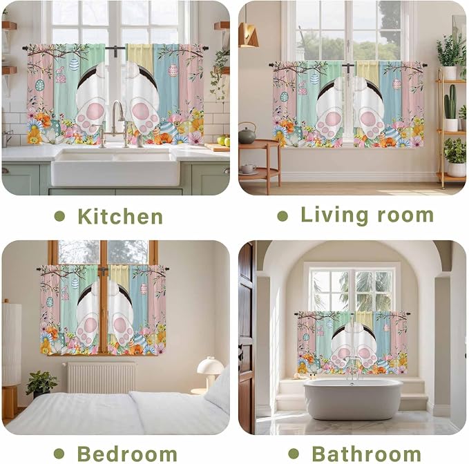 Easter Kitchen Tier Curtains 45 Inch Long 2 Panel Set, Rod Pocket Short Window