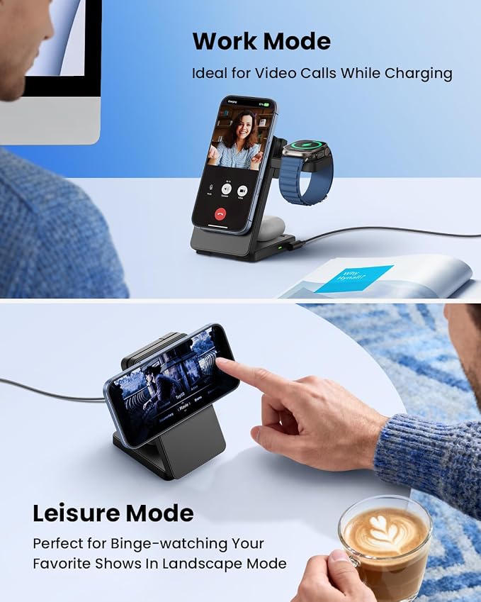 Wireless Charger Stand CIYOYO 3 in 1 Fast Wireless Charging Station Dock for Apple Watch 11/9/8/7/6/SE/5/4/3/2 Airpods 3/2/Pro iPhone 17/16/15/14/14 Plus/14 Pro Max/13/13 Pro/12/12 Pro/SE/X/XR/XS/8