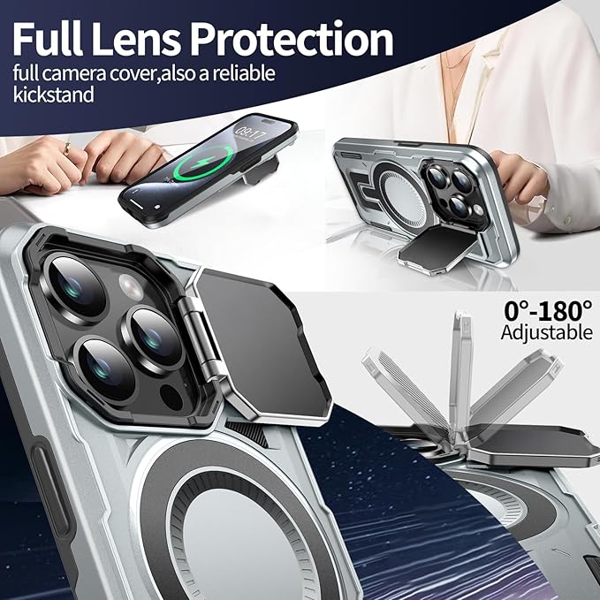 Camera Stand Case for iPhone 15 Pro, [Compatible with MagSafe] [Lens Cover] 2024 Version Military Grade Protective Soft Case for iPhone 15 Pro 6.1 inch Men Women, Grey