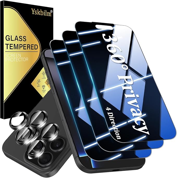 (3+2 Pack) 360° Privacy Screen Protector for iPhone 16 Pro Max 【4 Way Anti Spy】 + Camera Lens Protector9H Shatterproof Anti-PeepBubble-Free Case Friendly Easy Installation Frame Included