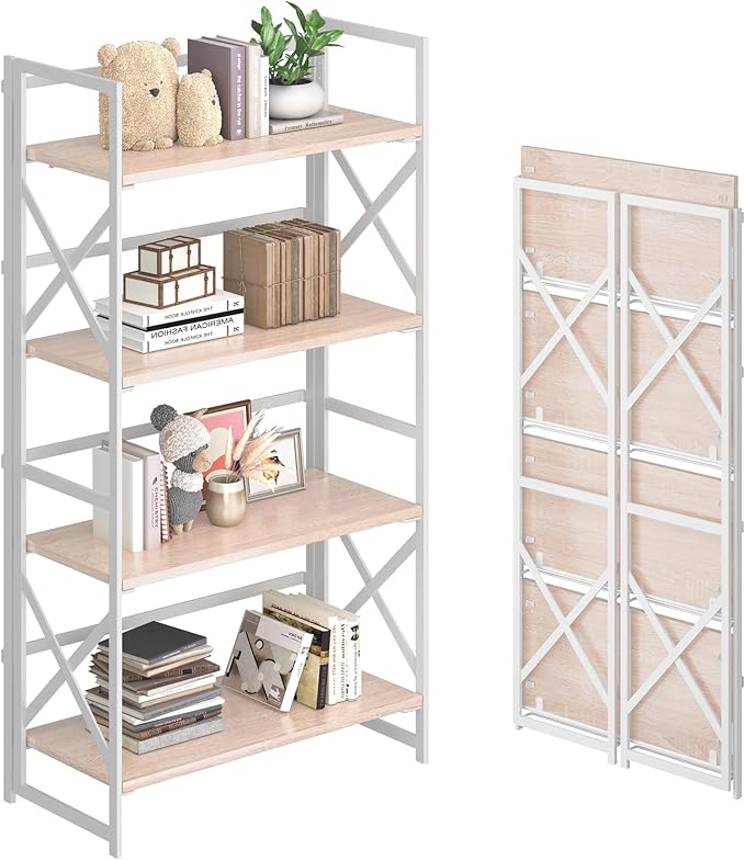 4NM 4 Tiers No Assembly Book Shelves, 41.3" H Folding Bookshelf Bookcase Open Industrial Foldable Shelves for Bedroom, Living Room, Home Office - Natural White