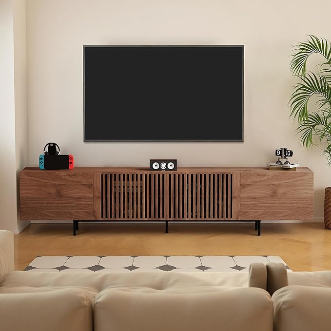 Pajiasen 94.48″ Mid Century Modern Walnut TV Stand with Grille Doors, Storage Cabinets,Entertainment Center for TVs Up to 80",Media Console for Living Room or Bedroom