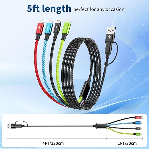 4 in 1 Multi Charging Cable 2 Pack 6FT Charging Cords for Devices | Nylon Braided USB C Car Charger Cable with Dual USB-C IP &amp Micro Ports Long Travel Charging Cord for Cars
