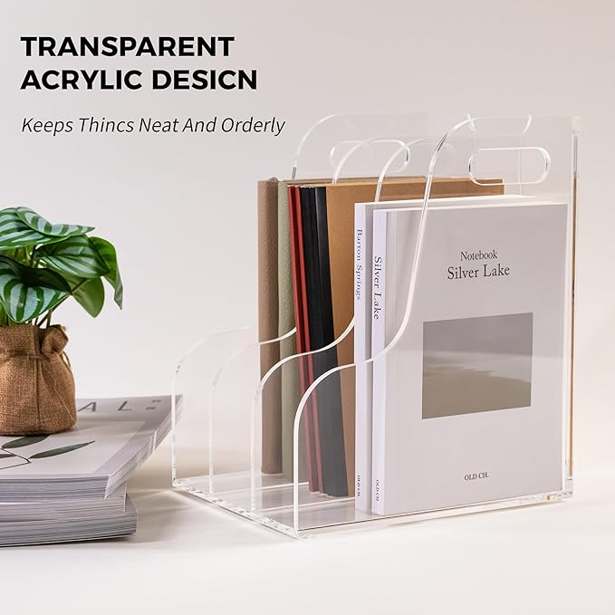 3 Vertical Compartments File Holder, Clear Acrylic Desk Organizer and Storage Bins Holding for Magazines, Binders, Notebooks, Envelopes, Multi-purpose Document Organizer for Home Office