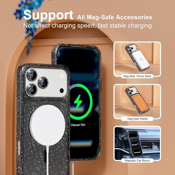 Choiche for iPhone 15 Pro Max Case Compatible with MagSafe Glitter Black | Women Girly Cute Glitter Sparkly Magnetic Phone Case with Diamond Camera Lens Protectors Military-Grade Drop Protection 6.7