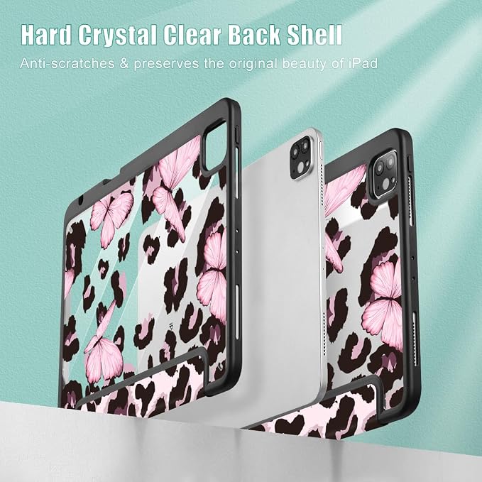 Mektron Case for iPad Pro 11 inch Case M2 2022 Generation 4th Fit 2021 2020 2018 iPad Pro 11 (3rd 2nd &amp 1st Gen) -Buit in Pencil Holder with Shockproof Cover Clear Shell Blue Bows &amp Flower
