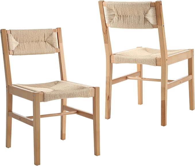 Modern Rattan Dining Chairs Set of 4, Boho Cane Farmhouse Chair, Natural Wood Legs Dining Chairs with Open Back, Armless with Natural Weave 2.5 Inches Seat Kitchen Chairs for Living Room