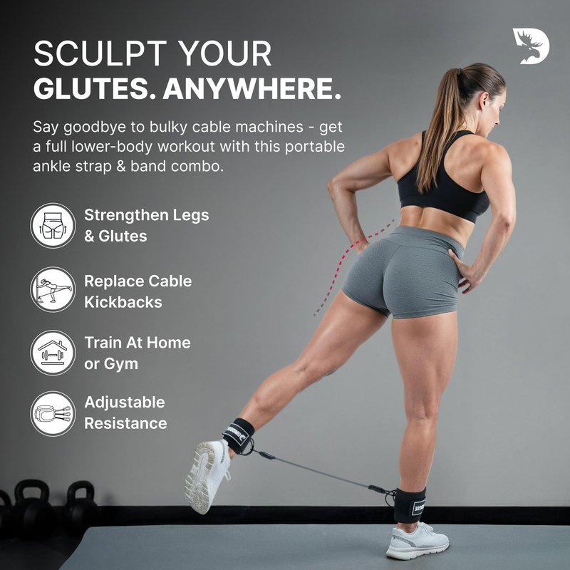 DMoose Fitness Ankle Strap with Tube Resistance Band for Cable Machines - Padded Ankle Cuff & Durable Tube Band for Glute Kickbacks, Leg Workouts, Hip Abduction, Resistance Training