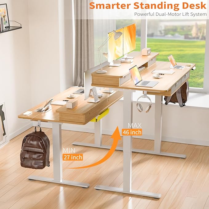 Electric Standing Desk, 63 * 30 Inches Adjustable Height with 4 Drawers, Double Storage Shelves, Home Office Workstation Sit Stand up Desk (Nature)