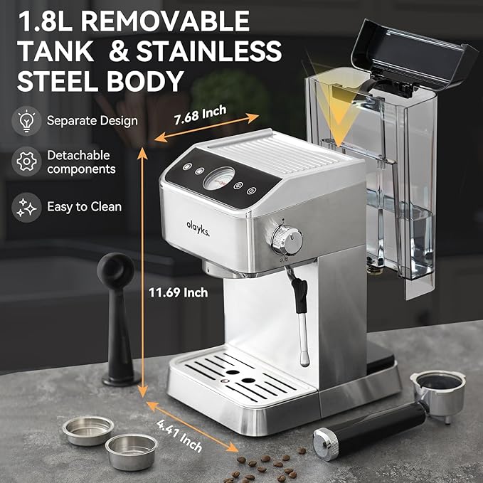 Olayks Espresso Machine 20 Bar, Brush Stainless Steel Espresso Maker with Milk Frother Steam Wand, 1400W Espresso Coffee Machine with 1.8L Removable Water Tank for Latte, Cappuccino,Machiato