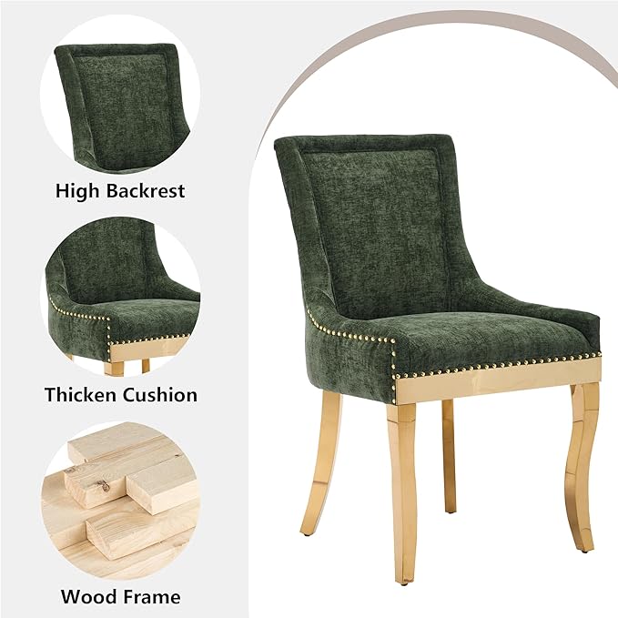 Luxury Fabirc Upholstered Dining Chairs Set of 4,Neutral Chenille Kitchen Room Chair with Nailhead Trim,4 Piece Modern Side Chairs for Dining Room,Living Room,Bar (Olive Green-Gold, Set of 4)