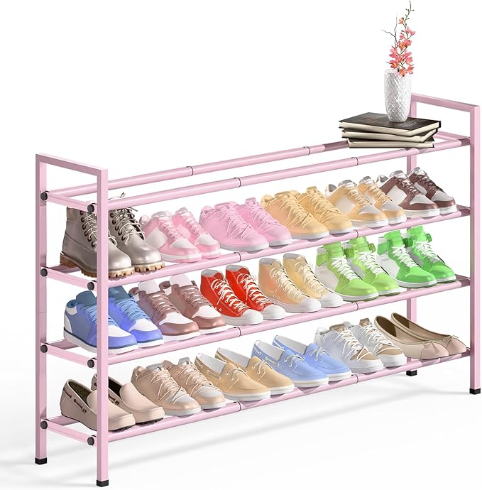 Bumusty 4-Tier Long Expandable Shoe Rack for Closet, 18"-44" Adjustable Shoe Rack for Entryway, 20-24Pairs Large Shoe Organizer Shelf Storage, Sturdy Metal, Black