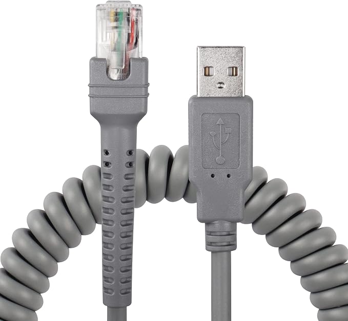 SinLoon Symbol Ls2208 USB to RJ45 Coiled Spiral Extension Cable10ftGrey | Compatible with Barcode Scanner Ls1203 Ls4208 Ls4278 Ds6707 Ds6708