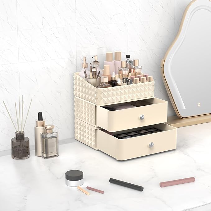 Makeup Organizer for Vanity, Stackable Cosmetics Organizer and Storage, Cosmetic Display Cases with 2 Drawers and 1 Tray for Makeup Brush, Hair Accessories, Lipstick and Jewelry, Beige