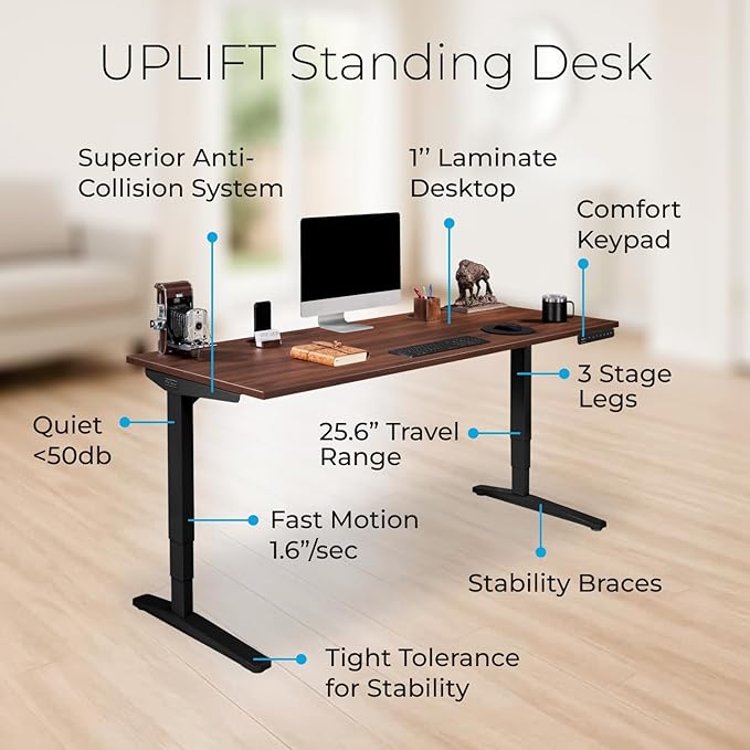 UPLIFTDESK V2 2-Leg Ash Gray Laminate Wood Standing Desk – Adjustable Height, Advanced 1-Touch Memory Keypad, Under Desk Cable Management, Wire Grommets & Rocker Board (Black C-Frame, 48 x 30 inch)