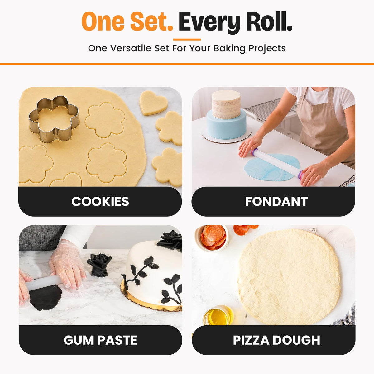 Bakerpan Fondant Roller Set - 3 Fondant Rolling Pins with Thickness Guide Rings for Fondant, Gum Paste, Sugar Paste & Cake Decorating - 19.5", 13" & 9"