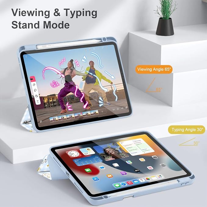Case for iPad 12.9 Inch (6th/5th/4th/3rd Generation 2022/2021/2020/2018) Pencel Holder + Trifold Support Auto Sleep/Wake Transparent Shockproof Back Cover Abstract Floral SD163