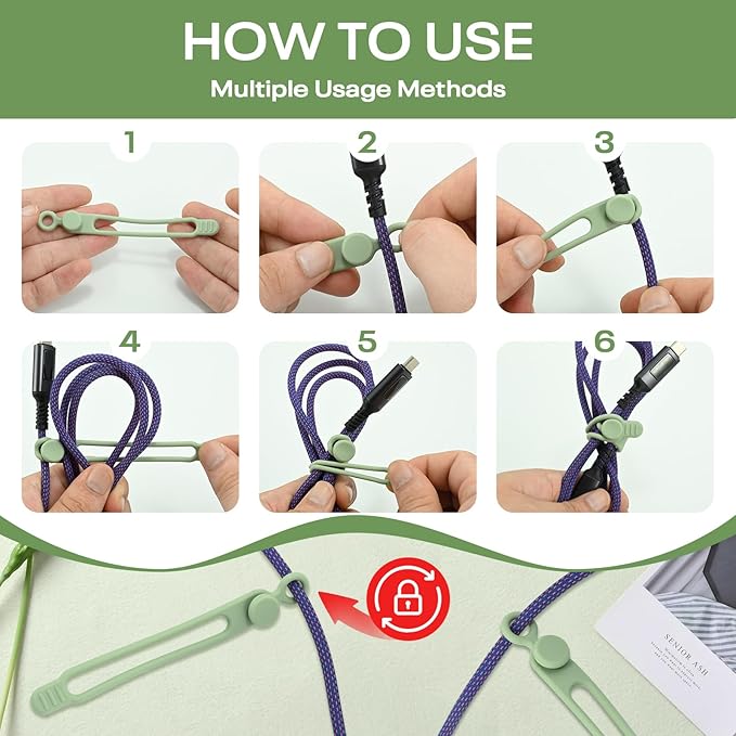 CozyNestMo Silicone Cable Ties Reusable, Elastic Wire Organizer Ties, for Charging Cables, Electrical Cords, Computer Wires, USB Data Cable Management, Cord Organizer (6 Colors, 3 Sizes)