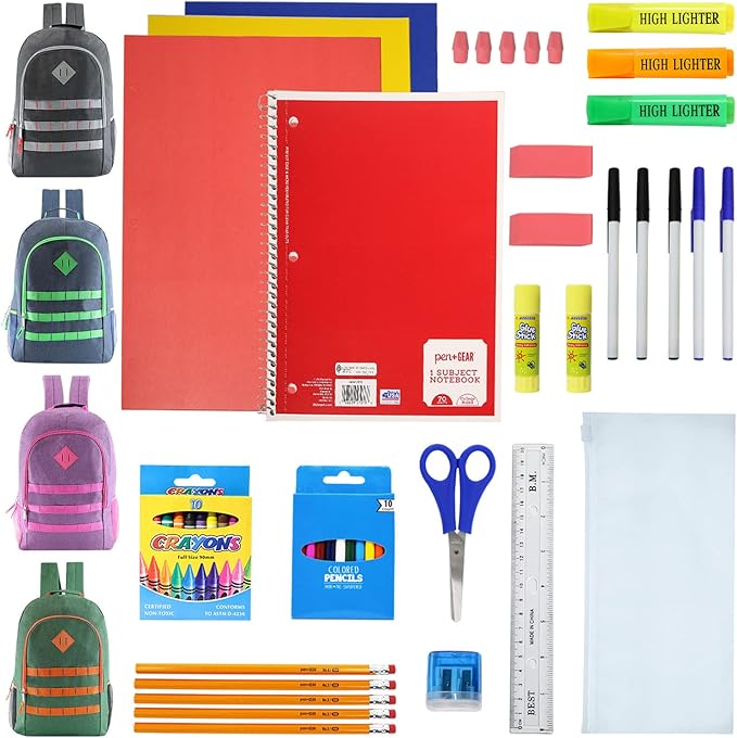 Moda West 12-Pack 19” Sport Backpacks with 50 Piece School Supplies Kits - Pens, Pencils, Crayons – Bulk Bundle for Elementary, Middle, and High School Students, 4 Assorted Styles