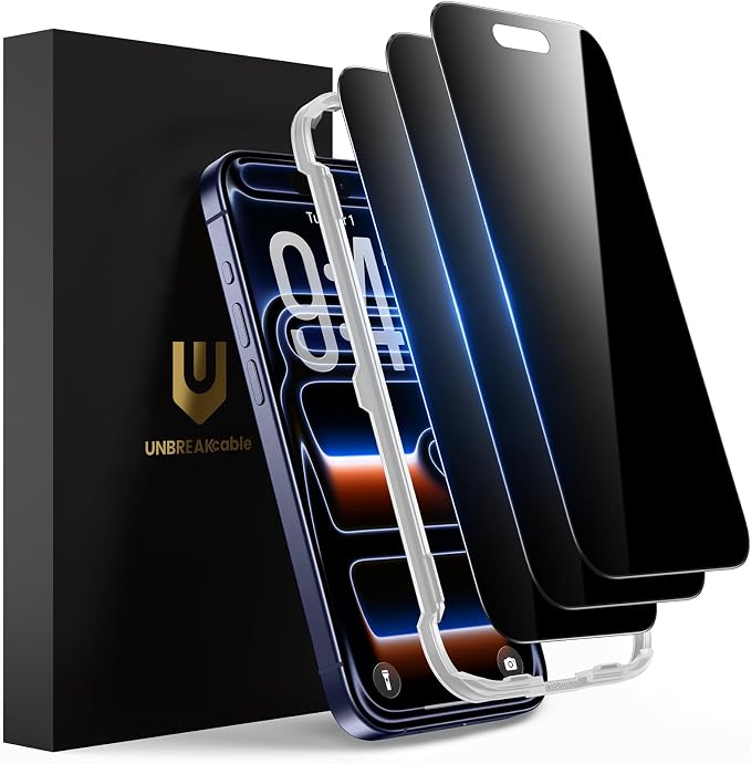 UNBREAKcable Privacy Screen Protector for iPhone 15 (6.1) 25° Anti-Spy Tempered Glass Easy Install Alignment Frame Case-Friendly 9H Hardness Anti-Fingerprint 3-Pack