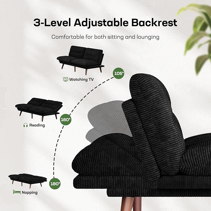 Marsail Futon Sofa Bed, Futon Couch with Adjustable Backrest & Armrests, Convertible Small Sleeper Sofa Bed for Small Apartments, Study Room, Office, Corduroy Loveseat, Black