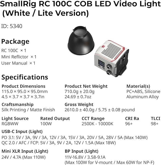 SmallRig RC 100C RGBWW LED Video Light, with App Control, 100W Mini COB Continuous Output Lighting, Handheld Spotlight 2700-10000K/CRI 96+/TLCI 98+/12 Effects, 11000Lux/1m, Lite Version White, 5340
