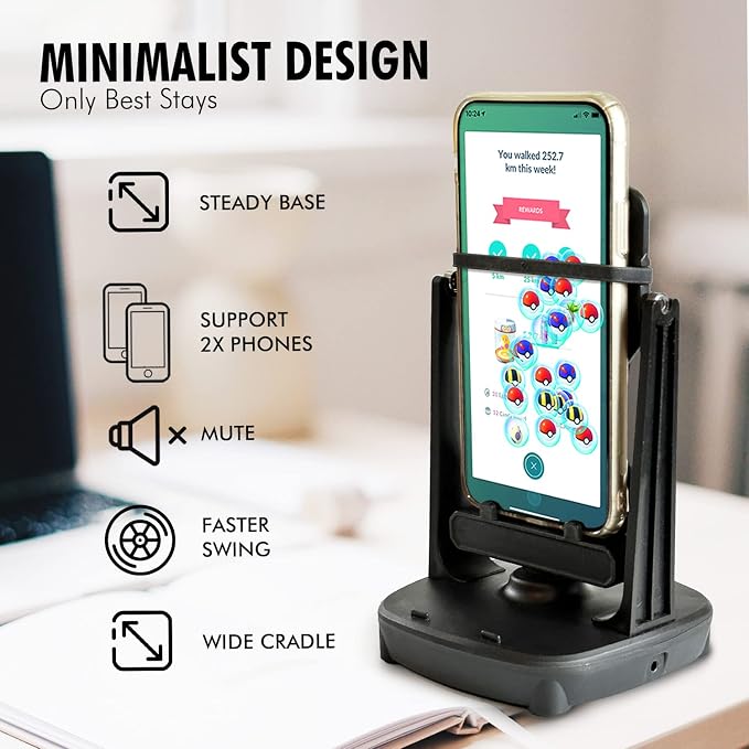 Phone Swing Phone Rocker Compatible for Pokemon go Walker Cellphone Pedometer Accessories (Support 2 Phones)(Mute Version)(USB Cable) (Battery Compatible) Quick Step Earning Device – Black