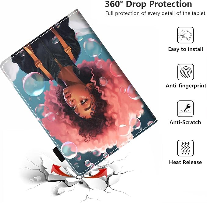 Case for Amazon Kindle Fire HD 10 Tablet 10.1 (9th/7th Generation 2019/2017 Release) - PU Leather Folio Case with Smart Auto Wake/Sleep African American Girl