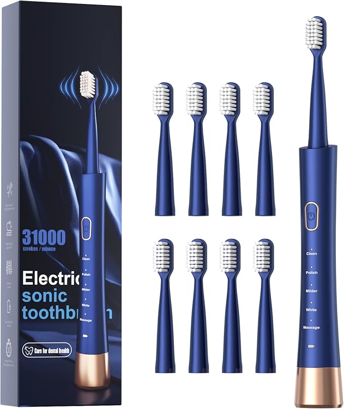 AJELU IPX7 Waterproof Sonicare Electric Toothbrush, 2-Hour Fast Charge with Intelligent Time Reminder, 5 Modes, 8 Brush Heads, Travel, Indoor, Outdoor, Blue