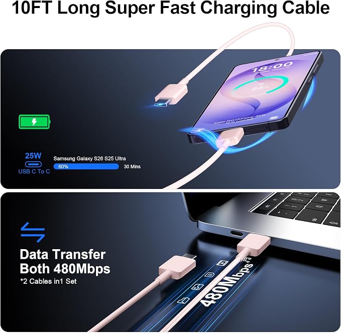 Super Fast Charger Type C 25W USB C Wall Charger Fast Charging for Samsung Galaxy S26 Ultra/S26/S26+/S25 Ultra/S25/24 Ultra/S24/S23 Ultra/S22 Ultra with 10FT Long Android Type C Charger Cable 2Pack