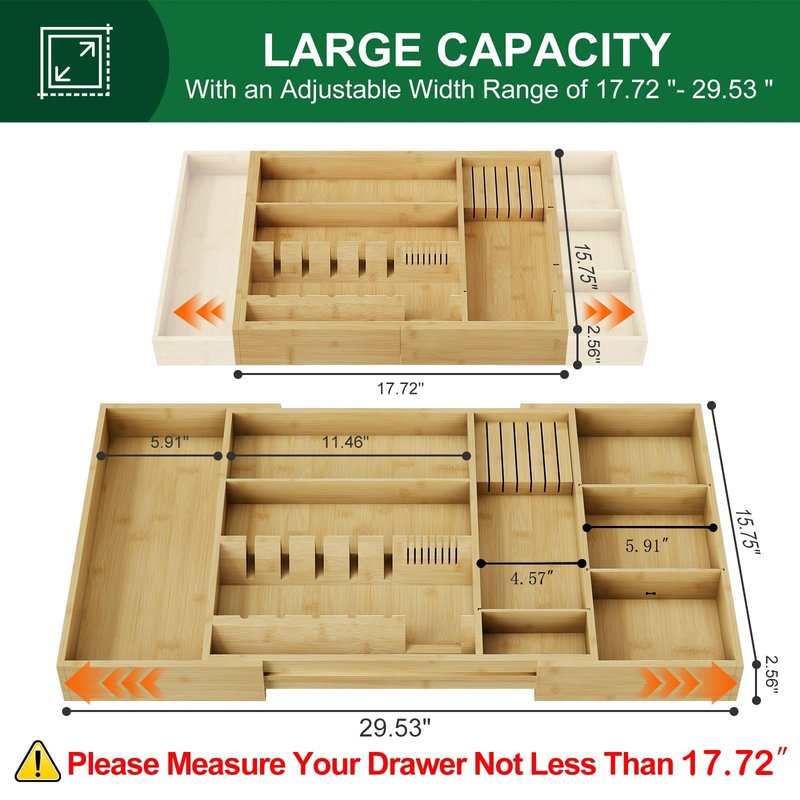 Landmok Bamboo Silverware Drawer Organizer, 17.72-29.53 Inch Expandable Large Kitchen Drawer Organizer, 5-8 Slot Flatware with Removable Card Slots & Knife Block for Spoon Butter Knive, Natural