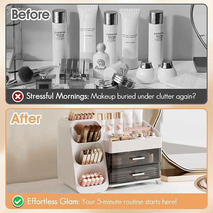 Makeup Organizer with Drawers for Vanity, Countertop Brush Holder, Counter Skincare Cosmetic Display Case Storage Box for Beauty Essentials, Women Make up Storage Solution for Bathroom Dresser Desk
