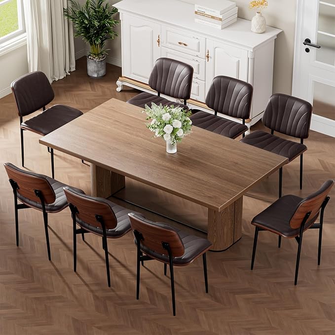 Dining Chairs Set of 2, Mid-Century Modern Upholstered PU Leather Chairs with Walnut Bentwood Back and Metal Legs Adjustable Feet for Kitchen Dining Room, Dark Brown Shell Strips