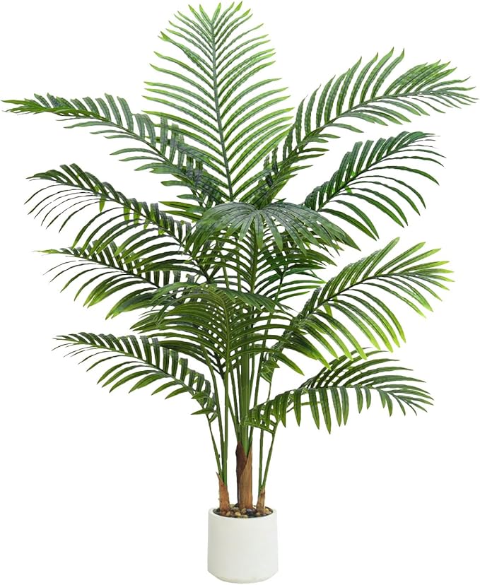 Artificial Palm Tree Indoor Plant 4FT Tall Fake Tropical Palm Tree in Pot, Real Bark Design Faux Areca Palm Tree for Home Office Living Room Bedroom Farmhouse Modern Outdoor Topiary Tree (13 Trunks)