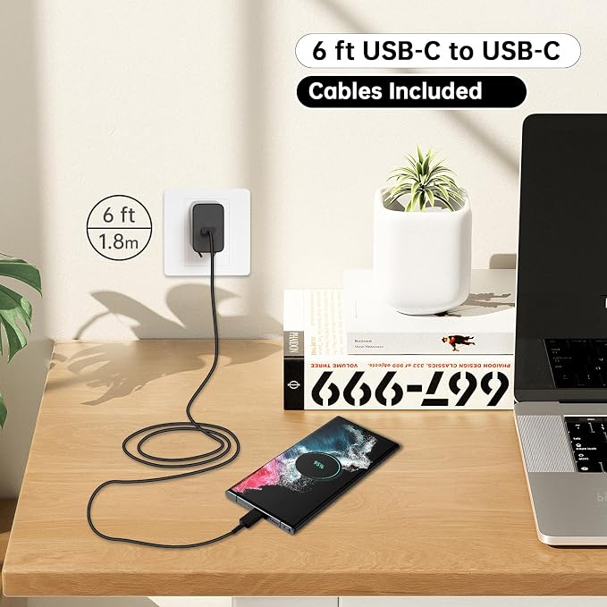 45W Samsung USB C Super Fast Charger 2 Pack PD 3.0 Charging with 6FT Cable for Samsung Galaxy S24 Ultra/S24 Plus/S24+/S23 Ultra/S23+/S22 Ultra/S22 Plus/S21/Note 20/Note10+