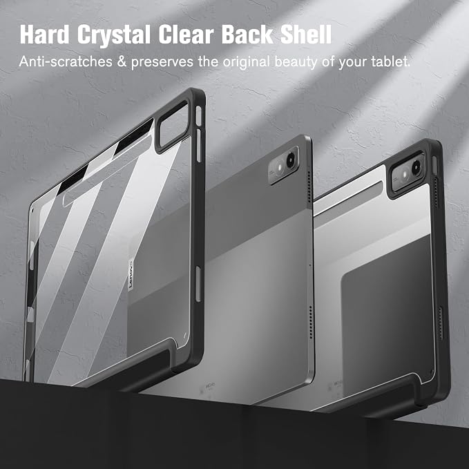 Fintie Hybrid Slim Case for Lenovo Tab P12/Xiaoxin Pad Pro 12.7 TB370FU | Tri-Fold Viewing Stand Shockproof Cover with Clear Transparent Back Shell with Pencil Holder Auto Wake/Sleep Black
