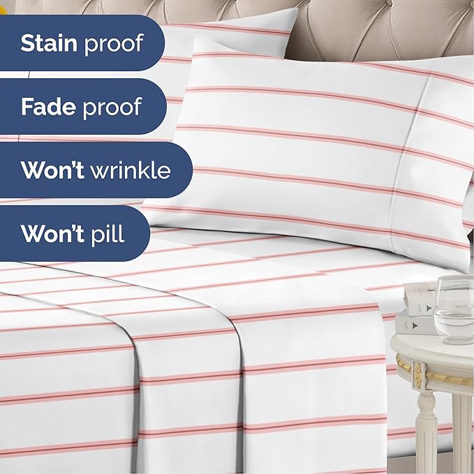 Striped Sheets - Red & White Striped Sheets - 1 Flat & 1 Fitted & 1 Pillowcase w/ Deep Pockets – Wrinkle & Fade Resistant - Soft, Breathable and Cooling – Luxury Pinstripe Bedding - Twin Size Bed Set