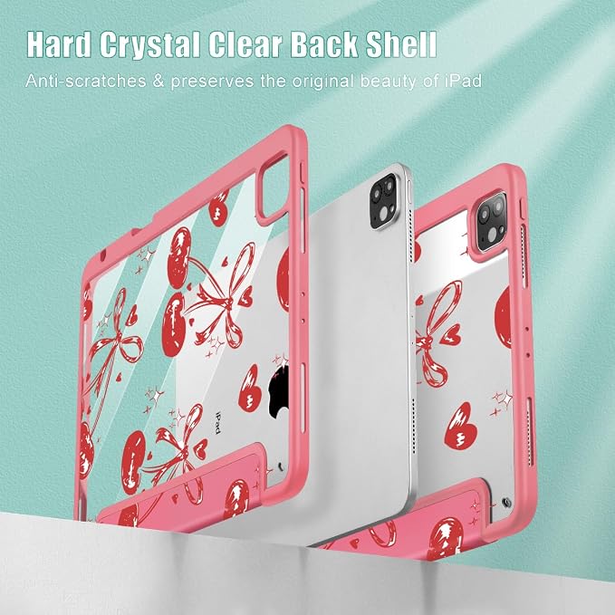 Mektron Case for iPad Pro 11 inch Case M2 2022 Generation 4th Fit 2021 2020 2018 iPad Pro 11 (3rd 2nd &amp 1st Gen) -Buit in Pencil Holder with Shockproof Cover Clear Shell Blue Bows &amp Flower
