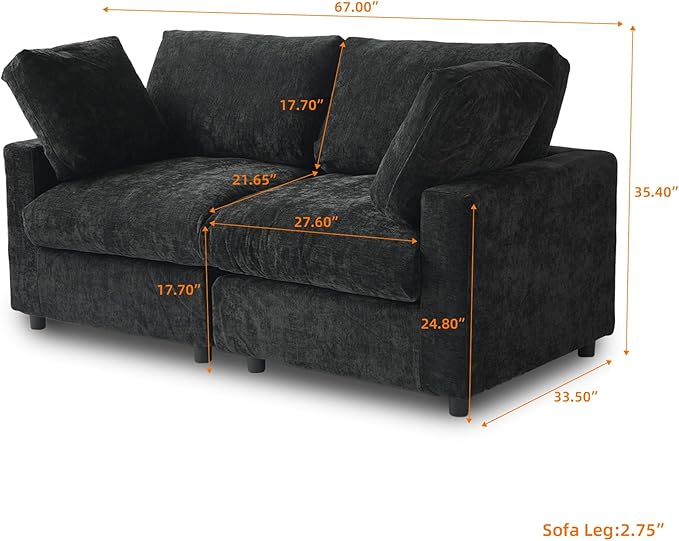 JACH 67" Love Seat Sectional Couches for Living Room, Deep Seat Modular Sofa, Cloud Sectional Couch, Sofa Covers Washable, Minimalist Modern Couch for Living Room, Apartment, Black