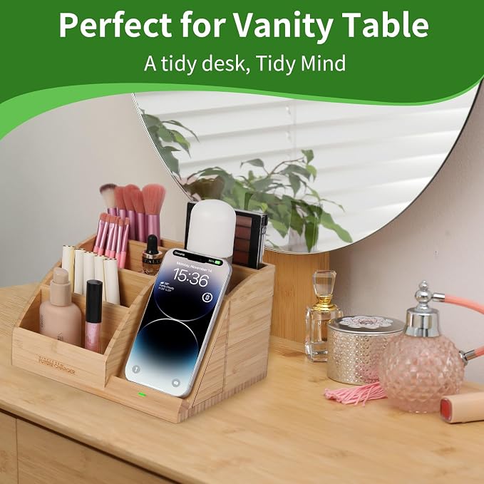 Bamboo Pen Holder for Desk &amp Nightstand Organizer with Fast Wireless Charging for iPhone Samsung &amp More – Office Desk Accessories for Men/Women (Bamboo)