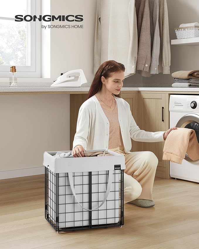 SONGMICS Laundry Hamper, 11 Gal. (50L) Laundry Basket, Collapsible Clothes Hamper, Removable and Washable Liner, Metal Wire Frame, for Bedroom Bathroom, Cream White ULCB150W01