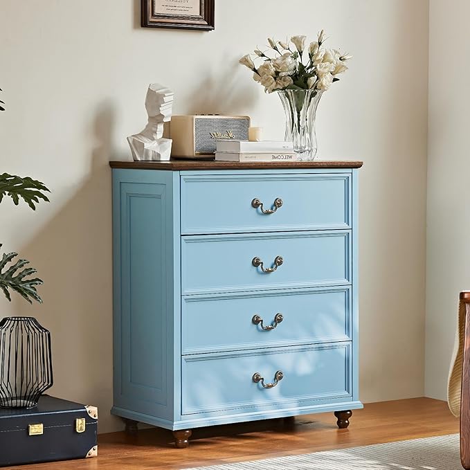 Farmhouse Furniture Sets, 24" Wide Farmhouse Nightstand Set of 2, 37" Tall Rustic Chests of Drawers w/ 4 Solid Wood Feet for Bedroom, LightBlue